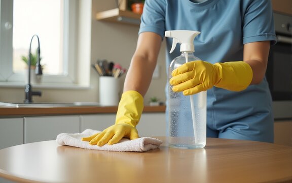 Cleaning furniture with alcohol in a kitchen is an example of preventive body health care against the coronavirus outbreak._00002_. High quality