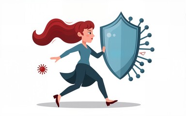 Woman with huge shield reflecting virus attack, cartoon vector illustration isolated on white background. Antiviral defense and prophylactic of epidemic. High quality