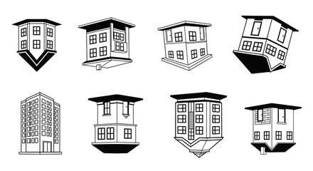 Whimsical architecture collection showcasing inverted buildings and modern structures with bold outlines and clean lines