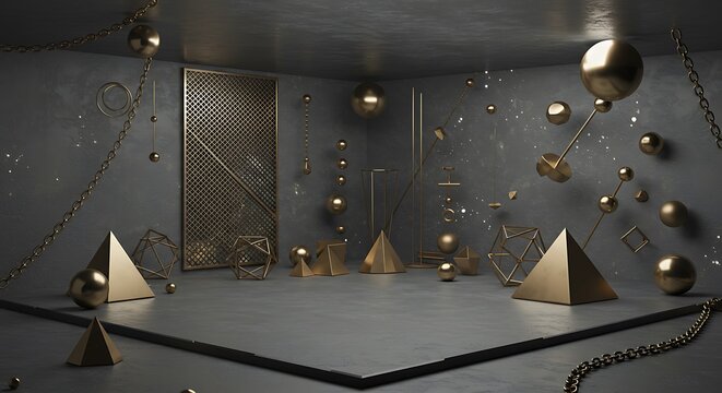 Empty square room with minimalism textures in monochrome style with many shiny gold geometric details, cosmic reflections, chain links, metal grill, corners and squares, fish scales on wall - Powered by Adobe