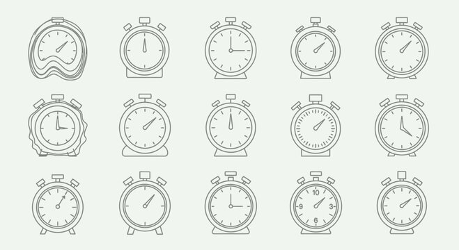 Dynamic collection of modern stopwatch icons representing time management, deadlines, and efficient workflow concepts for business presentations.