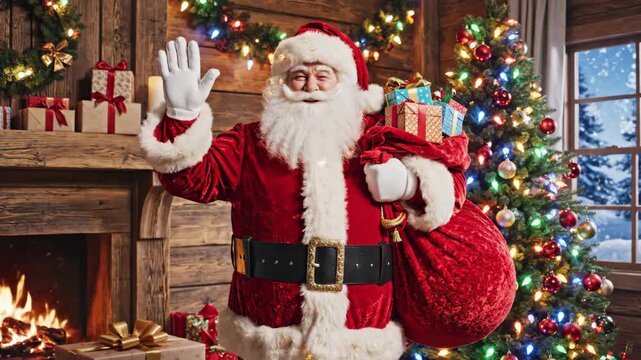 Santa Claus in a rustic living room with a Christmas tree, waving and holding a bag of gifts by a fireplace with a warm and festive atmosphere.