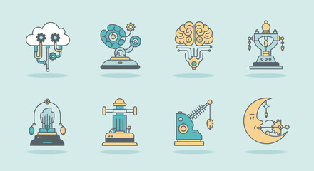 Whimsical steampunk inventions featuring a cloud, brain, gears, and celestial moon for creative projects