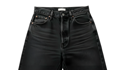 Washed black denim trousers waist detail shown against a solid dark background