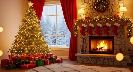 Fototapeta premium a cozy living room decorated for Christmas. A large, decorated Christmas tree with lights and ornaments stands in the foreground, surrounded by wrapped gifts. 