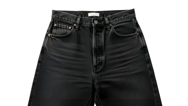 Washed black denim trousers waist detail shown against a solid dark background