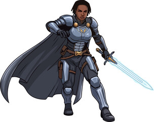 Fototapeta premium valiant protector in advanced armor stands vigilant, her radiant sword a beacon of hope, isolated on transparent background