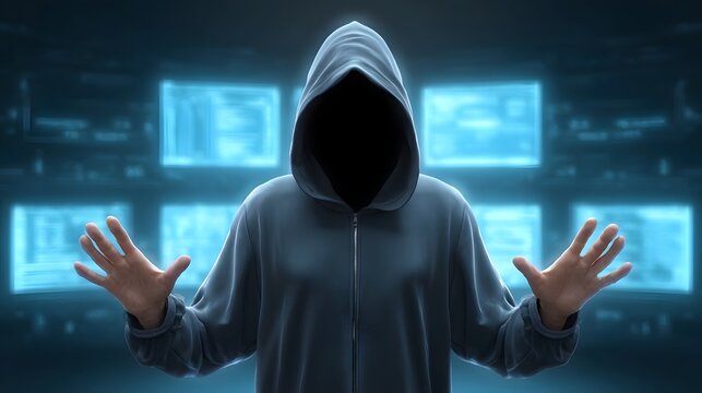 Anonymous hooded figure with face obscured interacts with glowing digital screens displaying data and code