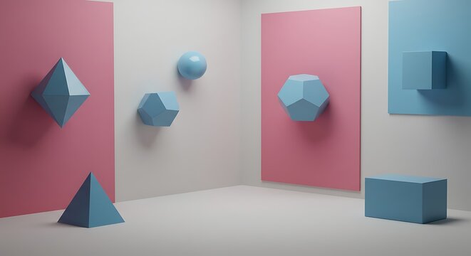 Empty square room with Colorful abstract geometric background with three-dimensional solid figures. Pyramid Dodecahedron prism rectangular cube arranged on colored paper on the wall