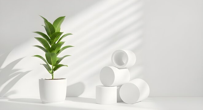 A minimalist indoor potted plant with bright green leaves casts a shadow on a white wall with diagonal light patterns from blinds