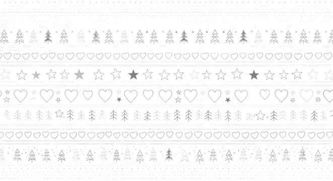 Fototapeta Seamless Christmas winter pattern with grey trees, hearts, and stars on a white background, suitable for festive designs.