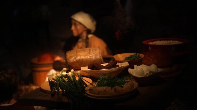 Interior of an old castle kitchen with medieval-style food setup on wooden table. Historical atmosphere recreated with props, fake food, and antique kitchen tools, captured in 4K ultra HD.