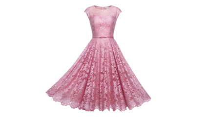 Flared knee length garment constructed from intricate floral lace fabric showcases a defined waistline