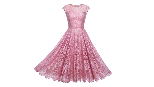 Flared knee length garment constructed from intricate floral lace fabric showcases a defined waistline