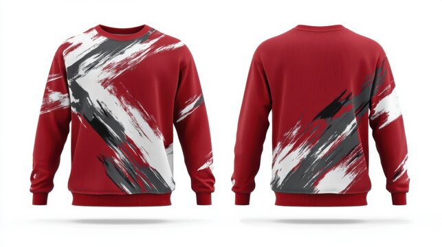 3D long-sleeve jersey in deep red with bold black and white brush strokes, t-shirt mockup, on white background - Powered by Adobe