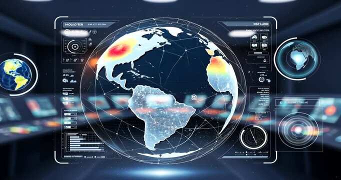 High-tech global map display in a futuristic control room with data analysis visuals - Powered by Adobe