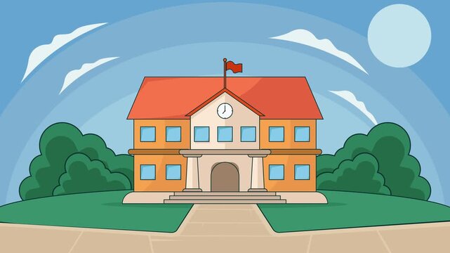 school building landscaped cartoon animation backgrounds video . Educational Institution with Clock Red Roof and Flag for Represents education animated footage motion graphic illustration design