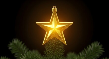 A golden star ornament hangs above green pine needles against a dark background.