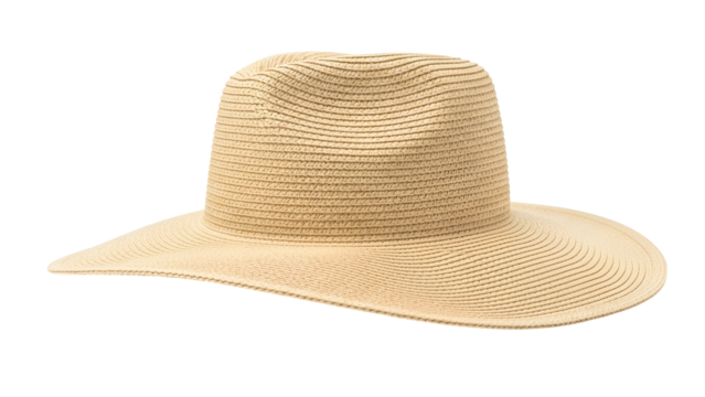 Woven wide brim headwear displays a light beige coloration against a solid dark background.