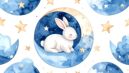Cute watercolor bunny on the moon with stars seamless pattern.