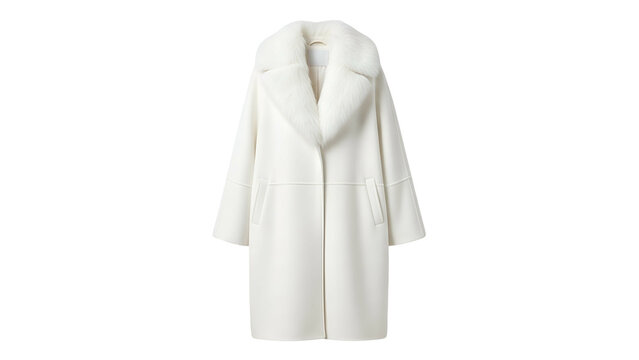 Elegant white overcoat featuring a luxurious fur collar displayed against a dark background
