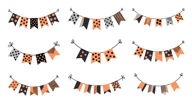Nine unique Halloween bunting designs with polka dots and stripes in orange, black, and grey, perfect for festive party decorations and autumn celebrations.