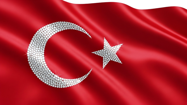 National banner featuring a gleaming crescent and star composition crafted from brilliant jewels upon rich crimson fabric