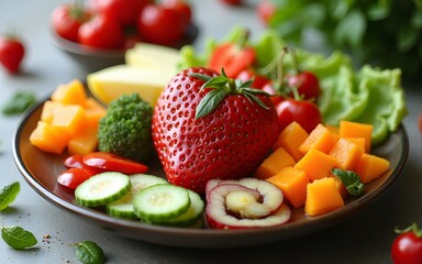 Nutritional food for heart health wellness by cholesterol diet and healthy nutrition eating with clean fruits and vegetables in heart dish by nutritionist and doctor recommended for patient well-being
