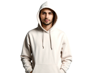 A young man with dark hair and a beard poses with a neutral expression in a light-colored hooded sweatshirt