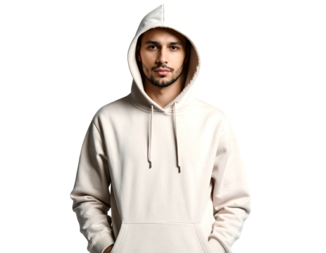 A young man with dark hair and a beard poses with a neutral expression in a light-colored hooded sweatshirt