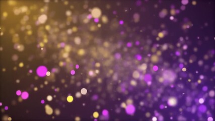 Vibrant abstract background with scattered purple and gold particles on a dark purple and black gradient backdrop with a cinematic feel and celebratory mood. - Powered by Adobe