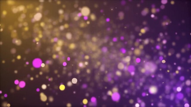 Vibrant abstract background with scattered purple and gold particles on a dark purple and black gradient backdrop with a cinematic feel and celebratory mood.