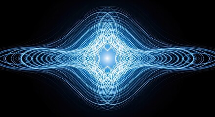 Abstract symmetrical glowing blue light wave pattern forming an intricate symmetrical shape isolated on transparent background