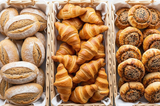 Overhead shot showcasing three rectangular wicker baskets filled with various fresh baked goods