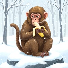 Monkey in Winter Eating a Banana, Illustration