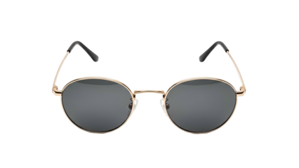 Round framed optical accessories with dark tinted lenses displayed against a solid black background