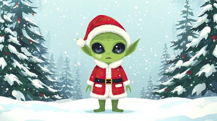 A charming little extraterrestrial character, adorned in a festive red and white suit, brings whimsical cheer to a serene snow-covered forest during the winter holiday season