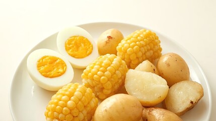 Delicious Boiled Egg, Corn, and Potato Meal on a White Plate A Healthy Food Spread