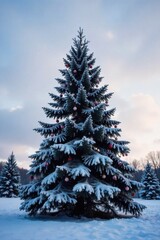 A solitary, snow laden Christmas tree standing in a silent, frozen forest, bathed in soft, ethereal twilight. A single, tall Christmas tree heavily laden with snow, standing in a quiet, frozen forest.