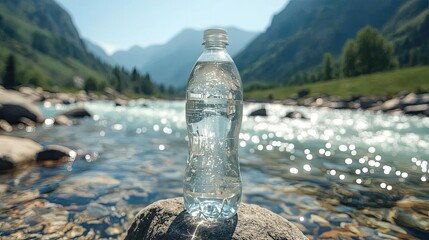 Refreshing Spring Water in a Bottle Against a Scenic Mountain Backdrop