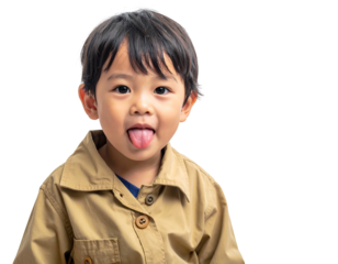 A young child of Asian descent is shown from the chest up, sticking their tongue out. They wear a tan collared shirt