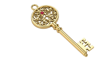 Ornate golden antique style key featuring delicate scrollwork and a small gemstone hangs against a dark background