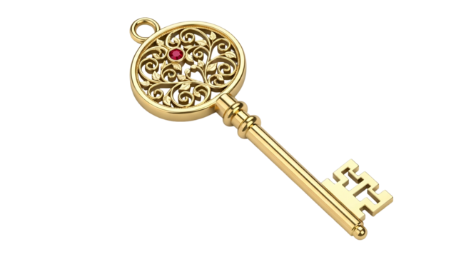 Ornate golden antique style key featuring delicate scrollwork and a small gemstone hangs against a dark background