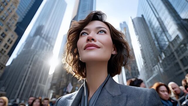 Woman gazing upwards amid city skyscrapers business environment