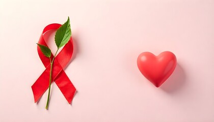 A red ribbon adorned with a leaf on a pink background, representing solidarity for heart health and awareness initiatives