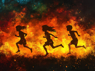 Fiery Footprints Left by Silhouetted Children Running on Hot Embers