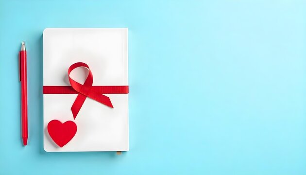 A red ribbon on a notebook with a pen, showcasing awareness for cardiovascular disease and support for heart health initiatives