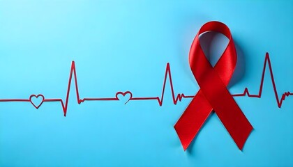 A red ribbon featuring a heartbeat line on a blue background, representing awareness for heart disease and cardiovascular health