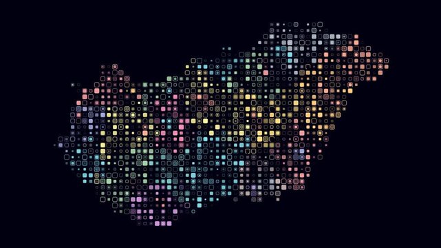 Hungary map animation. Shape of the country with pulsating colored dots. Small size rounded square blocks. Digital style Hungary map on dark background. Awesome video.