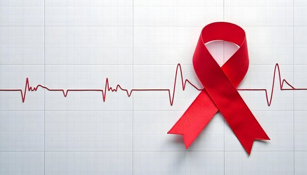 Red ribbon with heartbeat line against a white backdrop, symbolizing support for heart health during American Heart Month